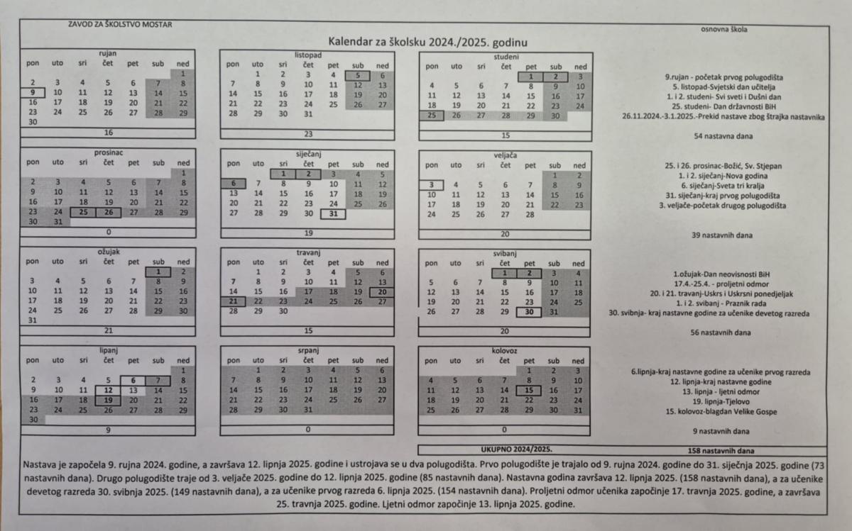 KALENDAR RADA U ŠK. 2024./2025. GODINI