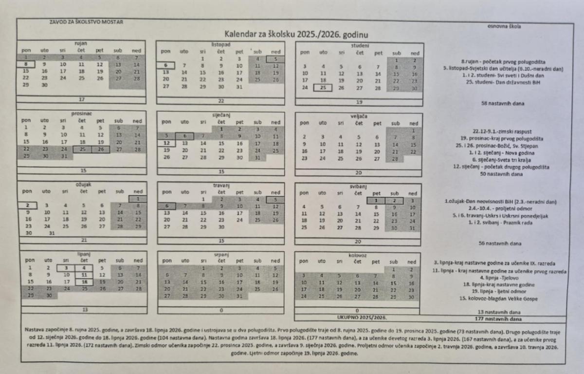 KALENDAR RADA U ŠK. 2025./2026. GODINI